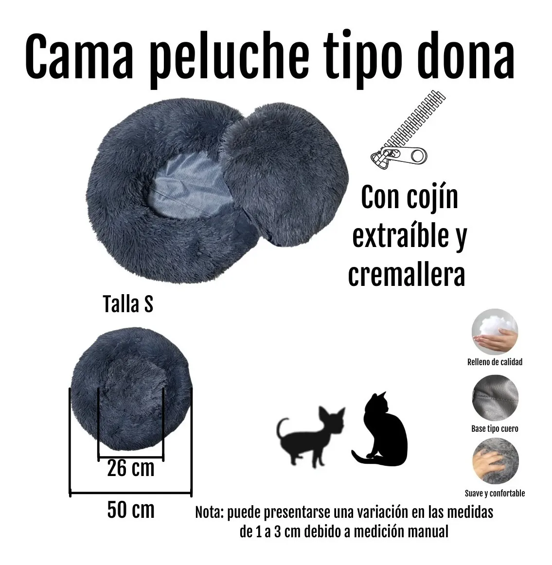 Cama Peluche Tipo Dona Anti Estrés Negra Talla S