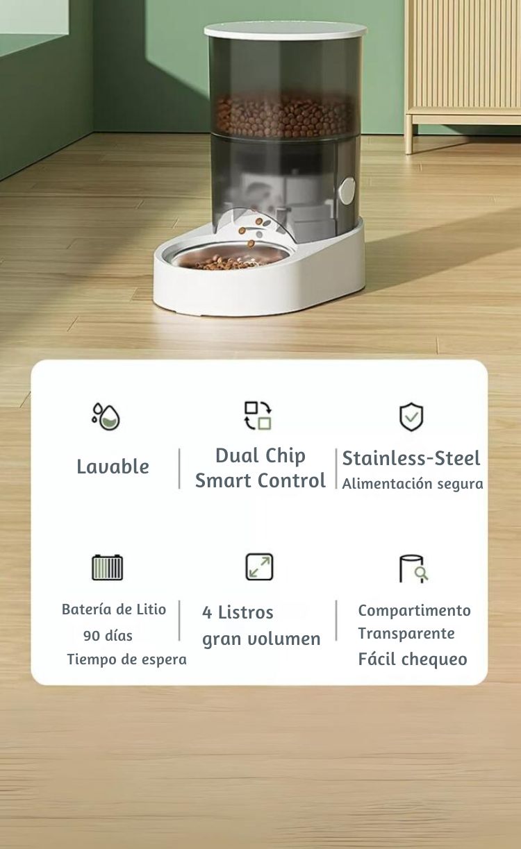 Comedero automático para gatos y perros, controlado por una app.