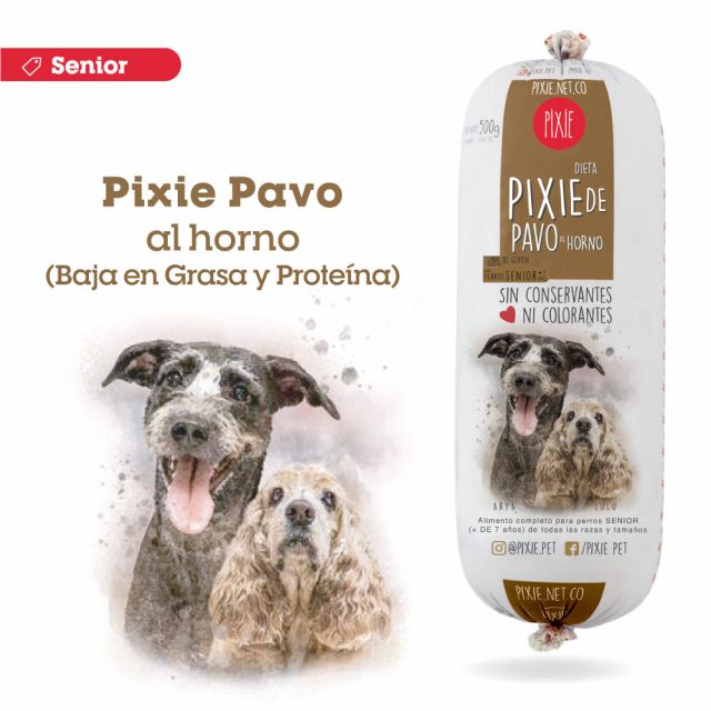 Pixie Pavo al Horno bajo en grasa y proteína, ideal para perros mayores.