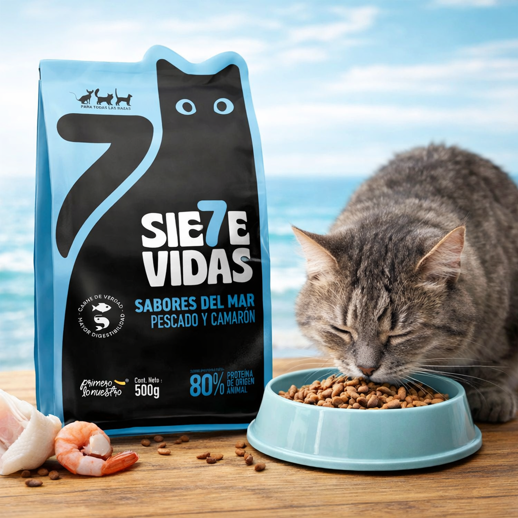 Gato adulto comiendo alimento seco 7 Vidas sabor pescado y camarón 500 g, bolsa Sabores del Mar